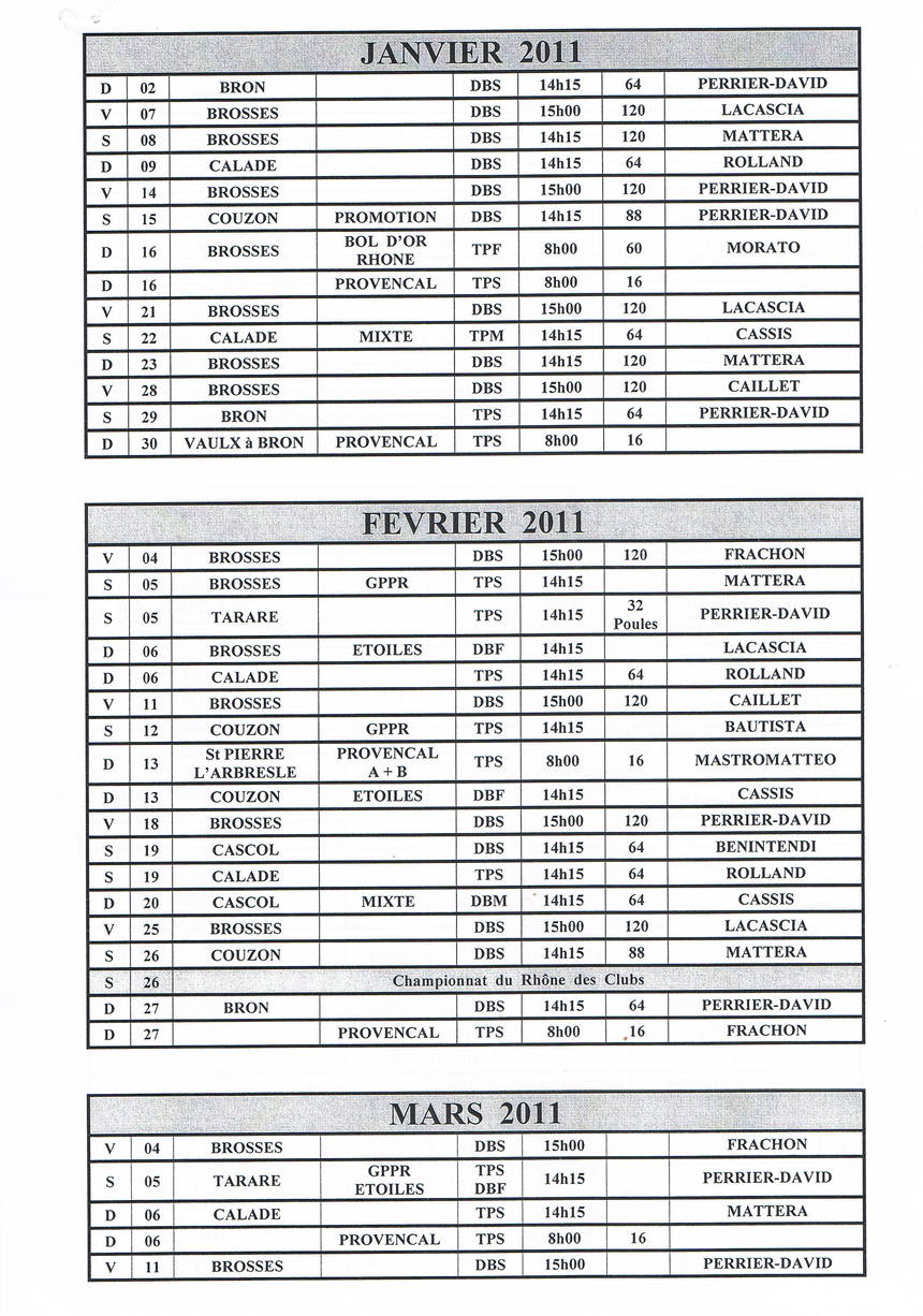 Calendrier concours officiel 2011