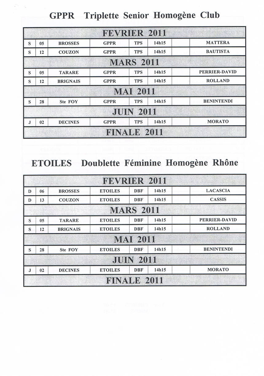 CALENDRIERS CONCOURS GPPR ET ETOILE 2011