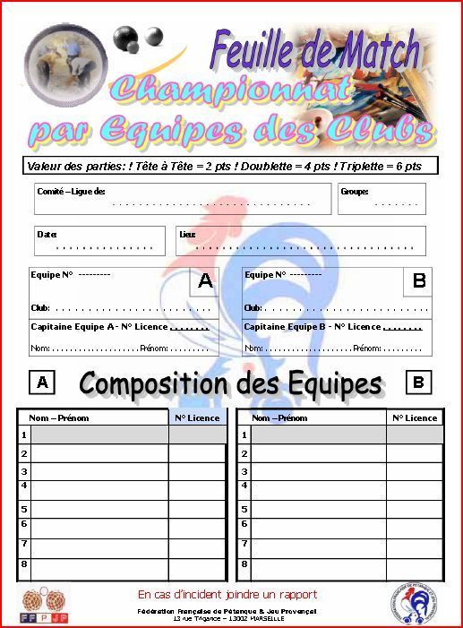 Feuille de match Championnat par équipes des Clubs