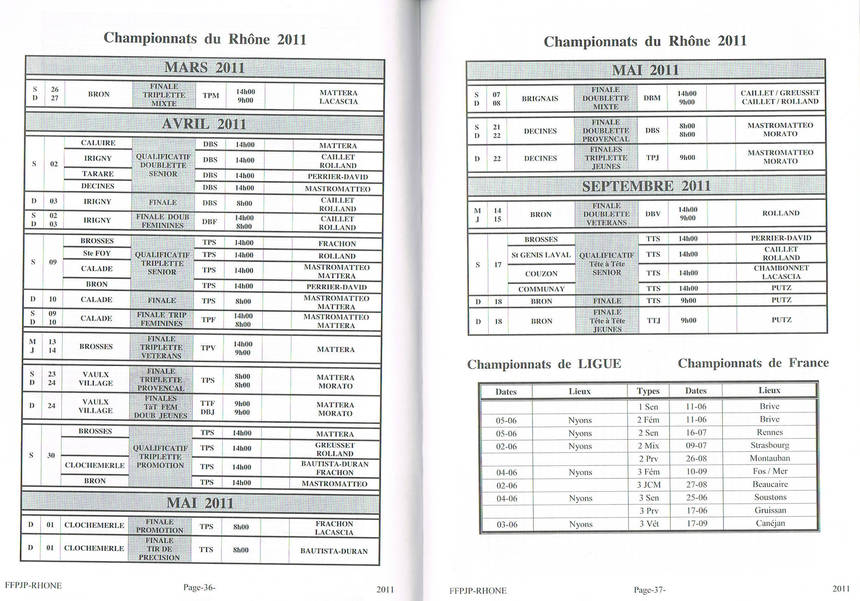 Calendriers des Championnats du Rhône 2011