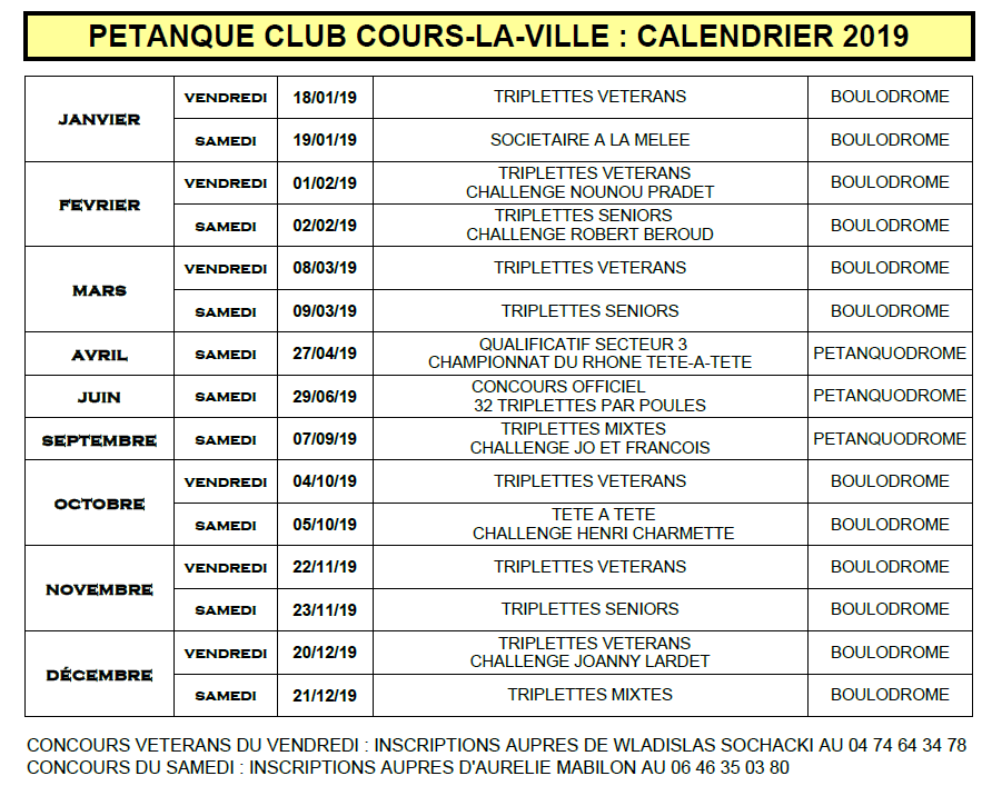 Calendrier pétanque club cours la ville  2019