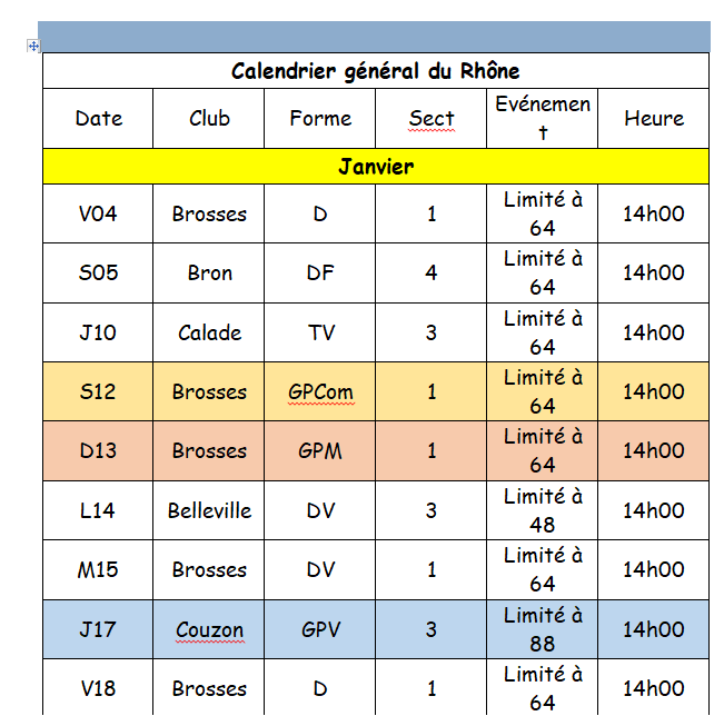 Calendrier du rhône 2019