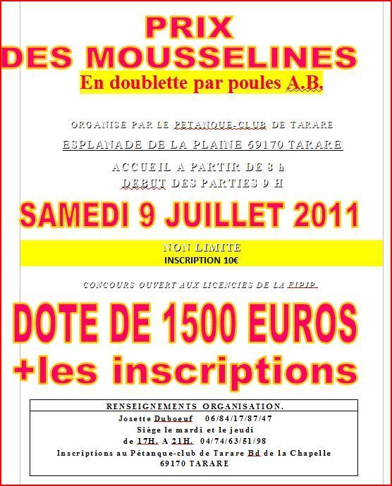Tarare prix des Mousselines SAMEDI 9 JUILLET 2011 Tarare prix des Mousselines SAMEDI 9 JUILLET 2011
