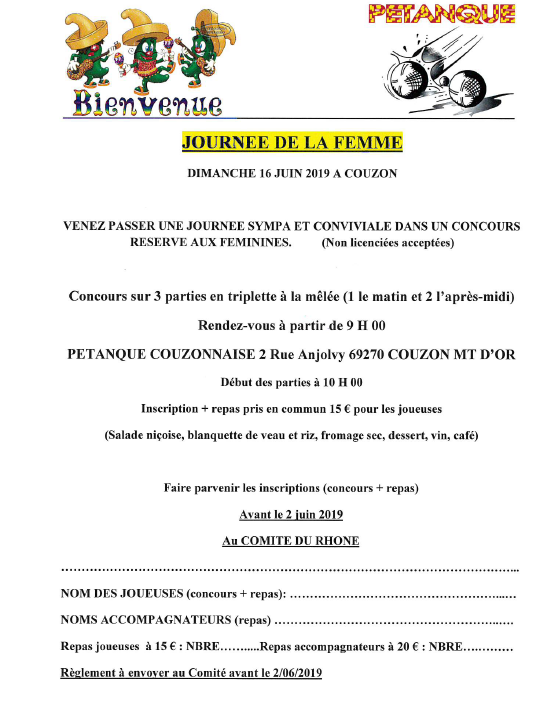 Concours de la journée de la femme qui se déroulera le dimanche 16 juin à COUZON.2019 Concours de la journée de la femme qui se déroulera le dimanche 16 juin à COUZON.2019