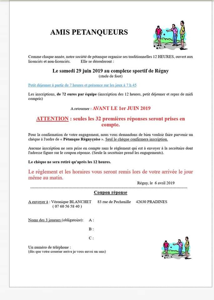 Concours 12 heures de régny samedi 29 juin 2019