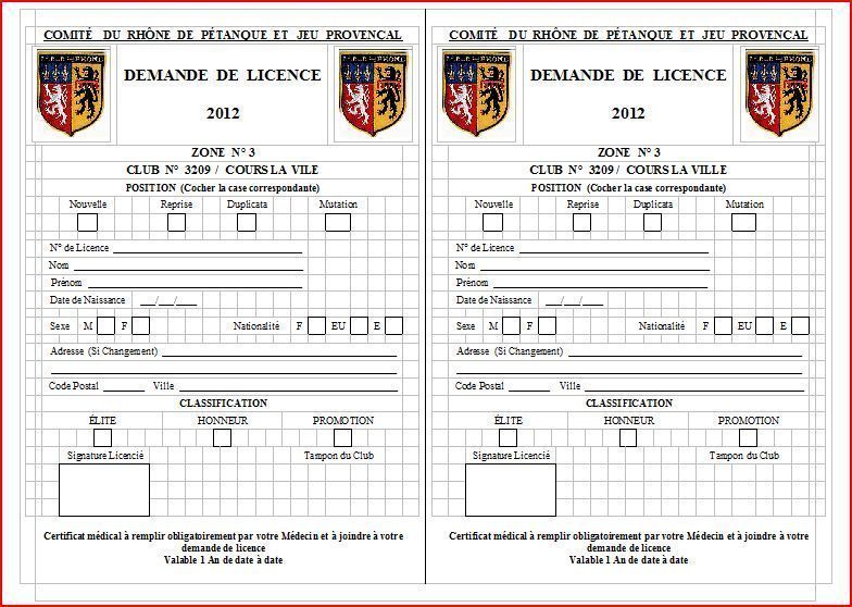 formulaire demande de licence 2012 et certificat médical