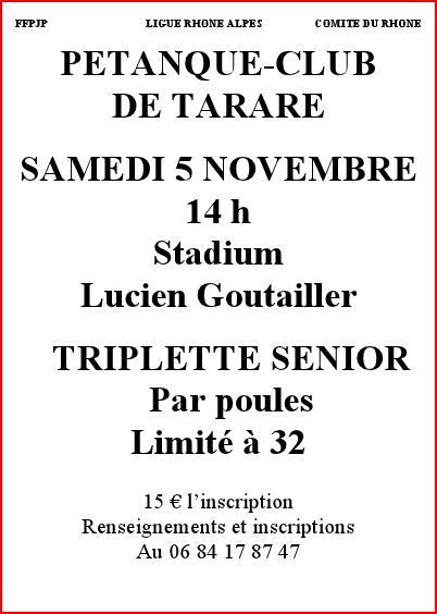 Concours le samedi 5 novembre Pétanque club de Tarare Concours le samedi 5 novembre Pétanque club de Tarare