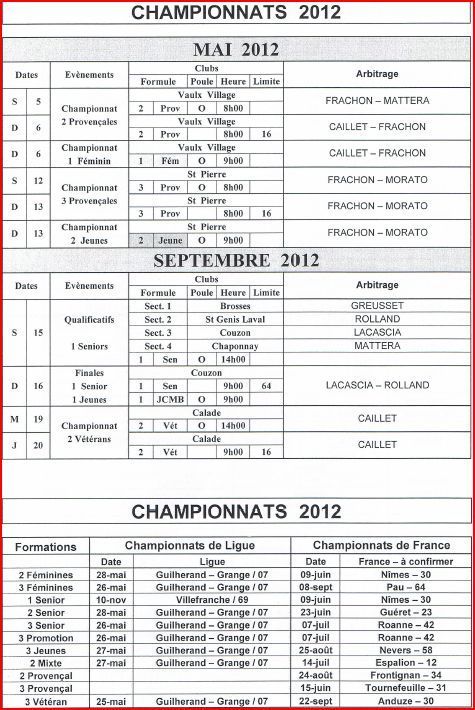 Calendrier des championnats du Rhône et de France