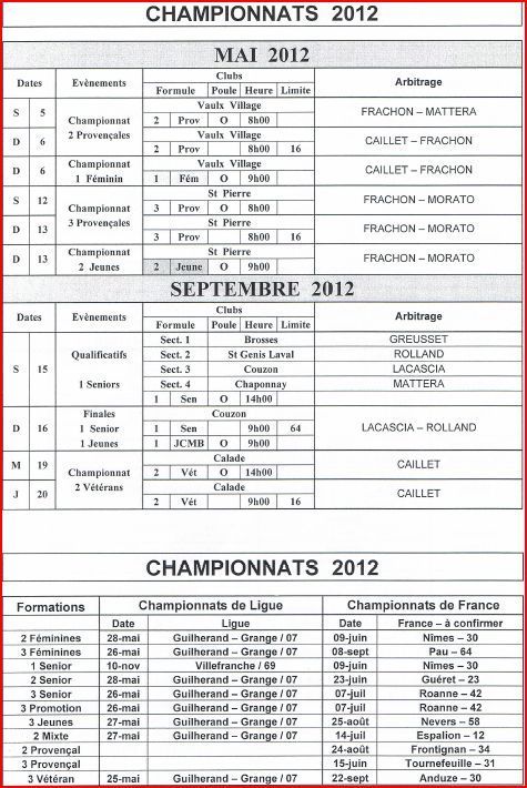 Calendrier des championnats du Rhône et de France Calendrier des championnats du Rhône et de France