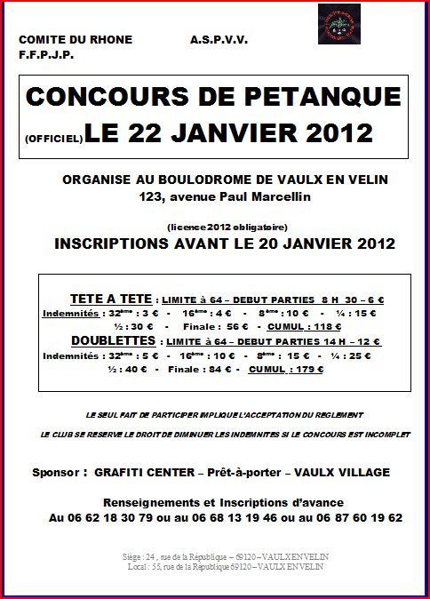 Concours de pétanque Le 22 Janvier 2012 Vaulx en velin Concours de pétanque Le 22 Janvier 2012 Vaulx en velin