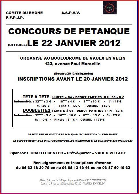 Concours de pétanque  Le 22 Janvier 2012 Vaulx en velin