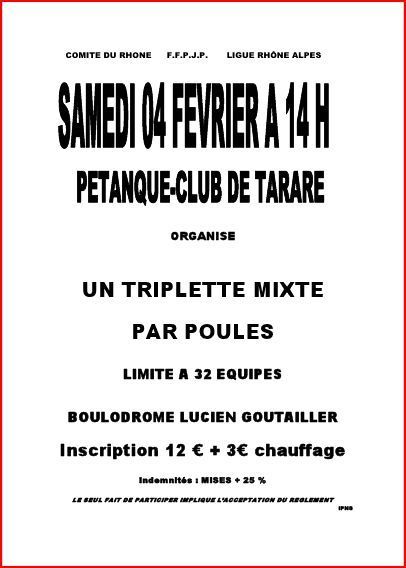 Concours Triplette Mixte à Tarare 4 Février Concours Triplette Mixte à Tarare 4 Février