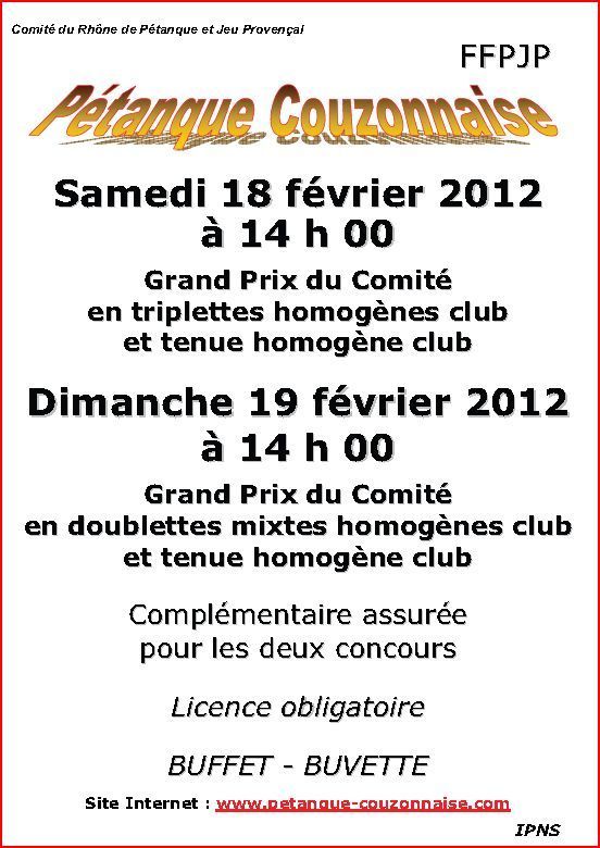 Concours pétanque couzonnaise samedi 18 et dimanche 19 février 2012