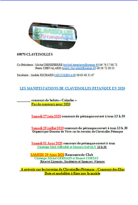 Le Calendrier des manifestations organisées en 2020 par CLAVEISOLLES PETANQUE Le Calendrier des manifestations organisées en 2020 par CLAVEISOLLES PETANQUE