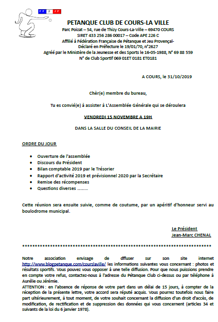 Convocation à l'Assemblée Générale du Pétanque Club de Cours la ville .VENDREDI 15 NOVEMBRE 2019 A 19H00 Convocation à l'Assemblée Générale du Pétanque Club de Cours la ville .VENDREDI 15 NOVEMBRE 2019 A 19H00