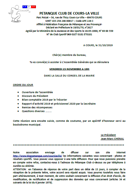 Convocation à l'Assemblée Générale du Pétanque Club de Cours la ville .VENDREDI 15 NOVEMBRE 2019 A 19H00