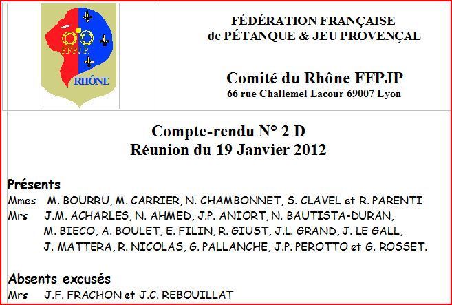 Compte-rendu N° 2 D Réunion du 19 Janvier 2012 Compte-rendu N° 2 D Réunion du 19 Janvier 2012