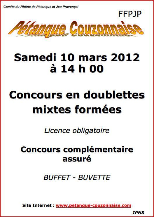 concours doublette mixte à Couzon le 10 Mars. concours doublette mixte à Couzon le 10 Mars.