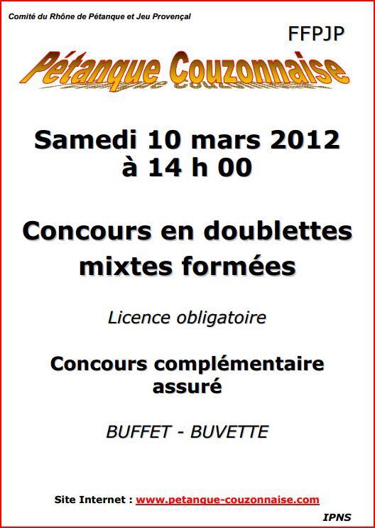 concours doublette mixte à Couzon le 10 Mars.