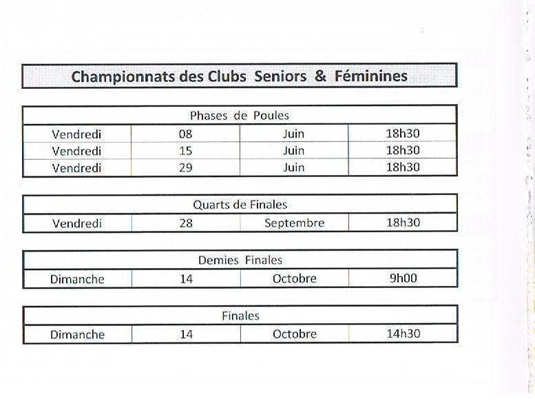 Calendrier 2012  championnat par équipes des clubs