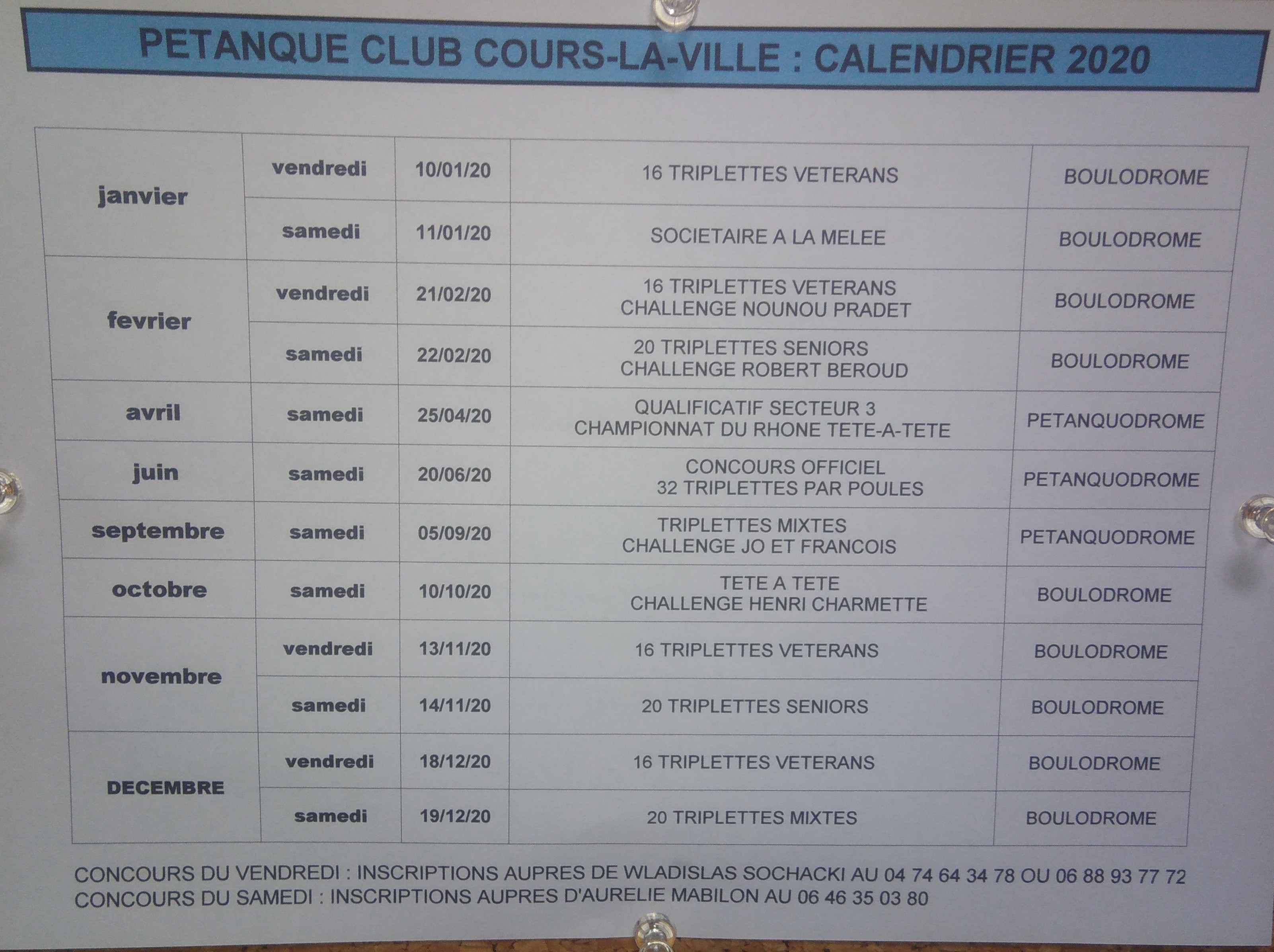 Calendrier cours la ville 2020