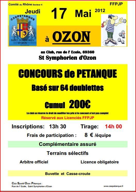 Concours de Pétanque A St Symphorien d’Ozon jeudi 17 mai Concours de Pétanque A St Symphorien d’Ozon jeudi 17 mai