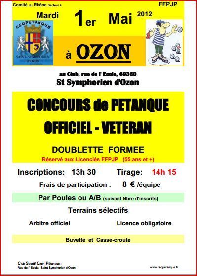 Concours de Pétanque A St Symphorien d’Ozon mardi 1 mai Concours de Pétanque A St Symphorien d’Ozon mardi 1 mai