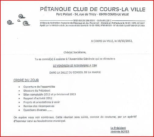 Assemblée générale du Pétanque club de Cours-la-ville vendredi 02 novembre 2012 à 19h00