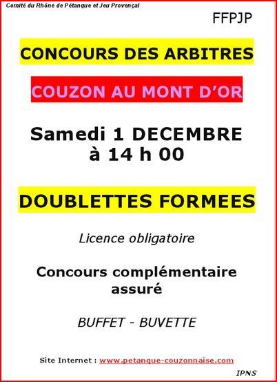 Doublette  samedi 1er décembre organisé par les arbitres. Doublette  samedi 1er décembre organisé par les arbitres.