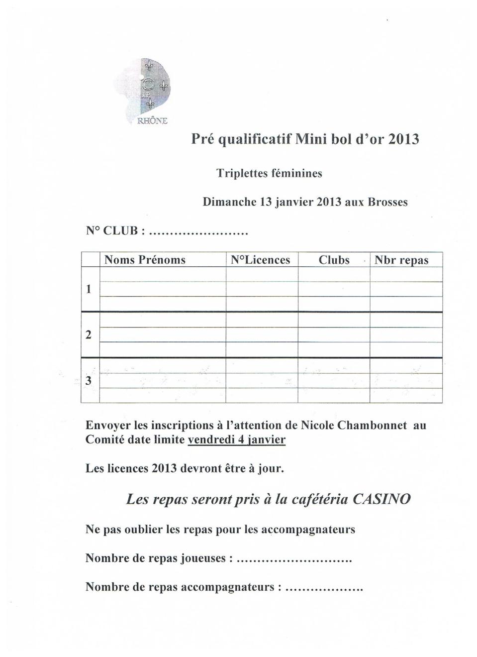 Pré qualificatif Mini bol d'or 2013 triplettes féminines Dimanche 13 janvier 2013