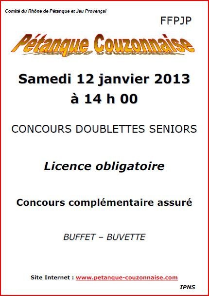 Concours samedi 12 janvier 2013 pétanque Couzonnaise