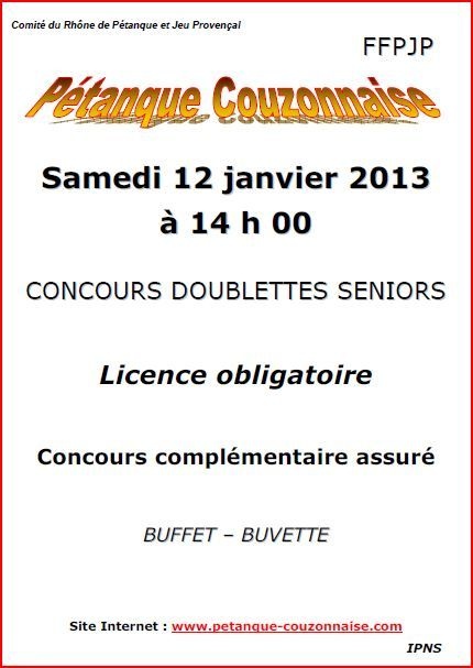 Concours samedi 12 janvier 2013 pétanque Couzonnaise Concours samedi 12 janvier 2013 pétanque Couzonnaise