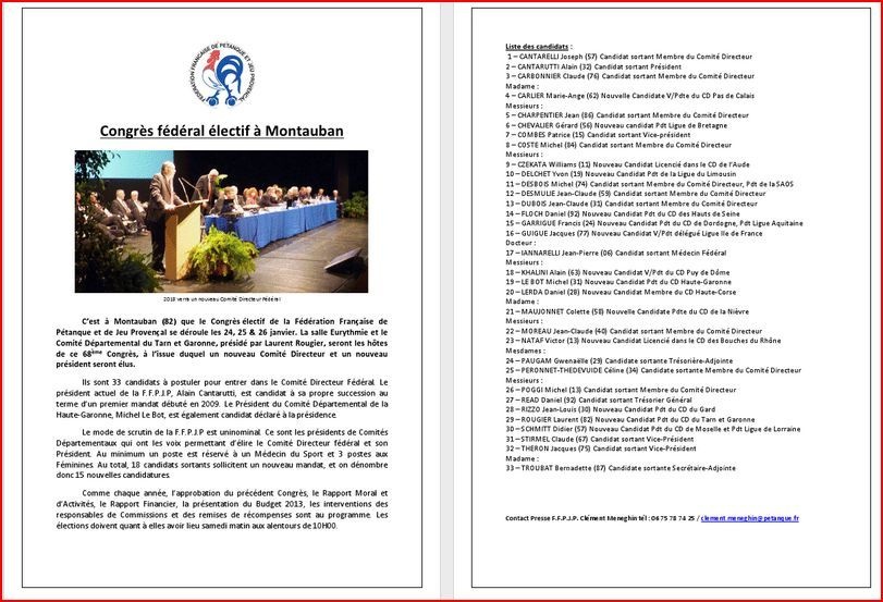 COMMUNIQUE DE PRESSE FFPJP  Congrès fédéral électif à Montauban