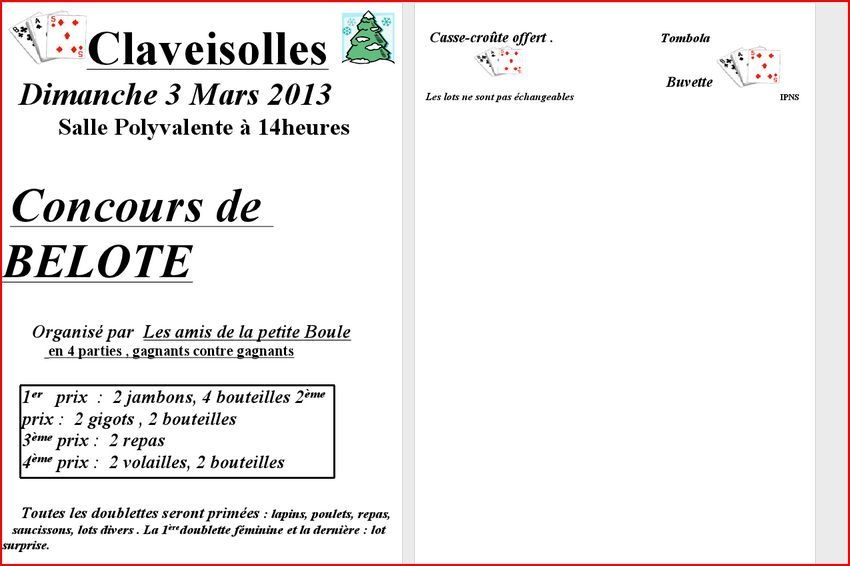 Concours de Belote : Dimanche 03 Mars 2013 Claveisolles
