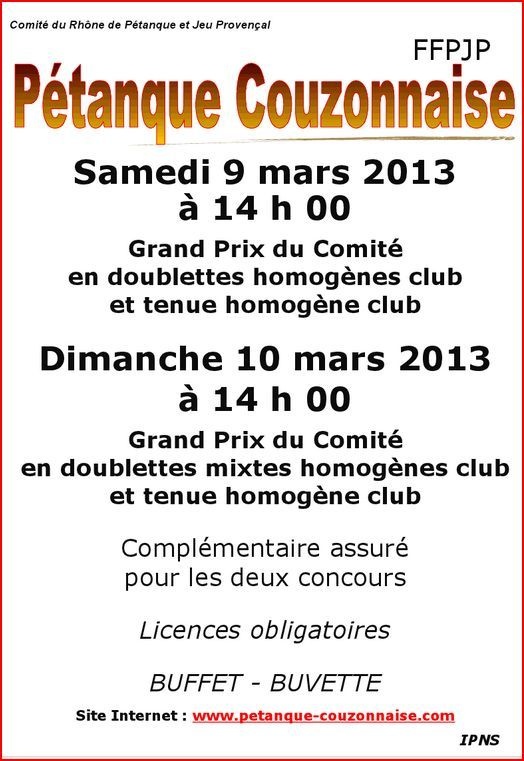 GPCOM et GPMIX des 9 et 10 mars Pétanque Couzonnaise GPCOM et GPMIX des 9 et 10 mars Pétanque Couzonnaise