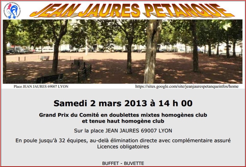 Samedi 2 mars 2013 à 14 h 00 Grand Prix du Comité en doublettes mixtes homogènes club