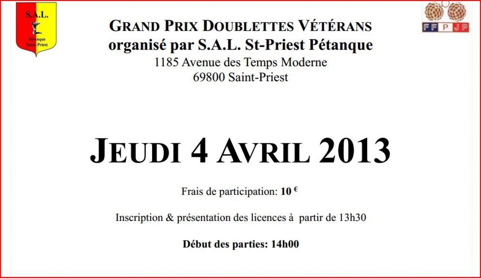 GRAND PRIX DOUBLETTES VÉTÉRANS organisé par S.A.L. St-Priest Pétanque