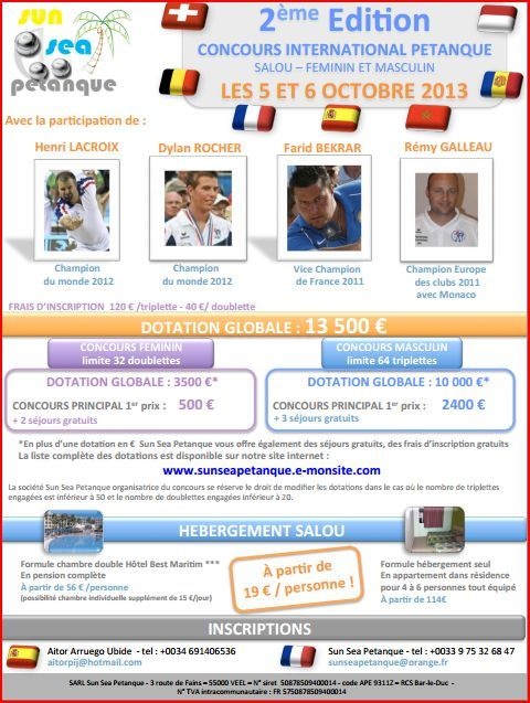 LES CHAMPIONS DU MONDE 2012 présents au concours International de pétanque à Salou - Espagne en octobre 2013 LES CHAMPIONS DU MONDE 2012 présents au concours International de pétanque à Salou - Espagne en octobre 2013