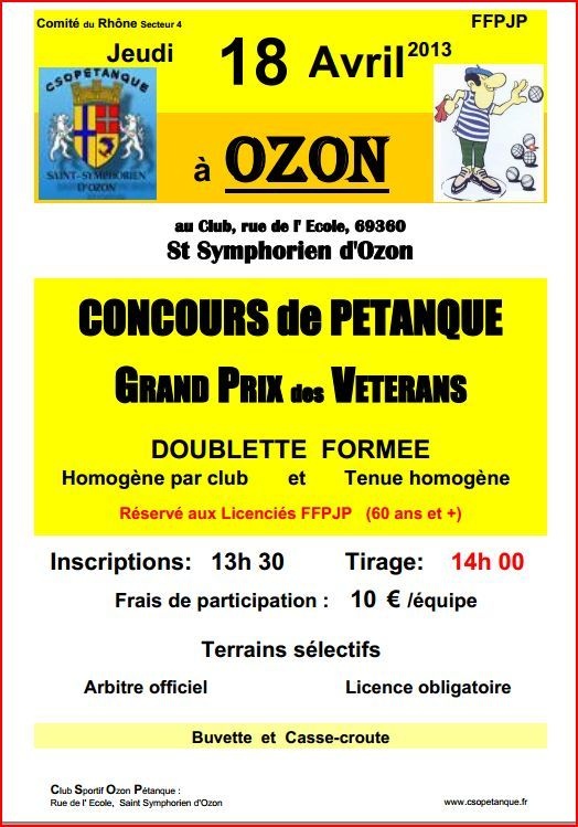 Concours de Pétanque jeudi 18 avril à OZON Concours de Pétanque jeudi 18 avril à OZON