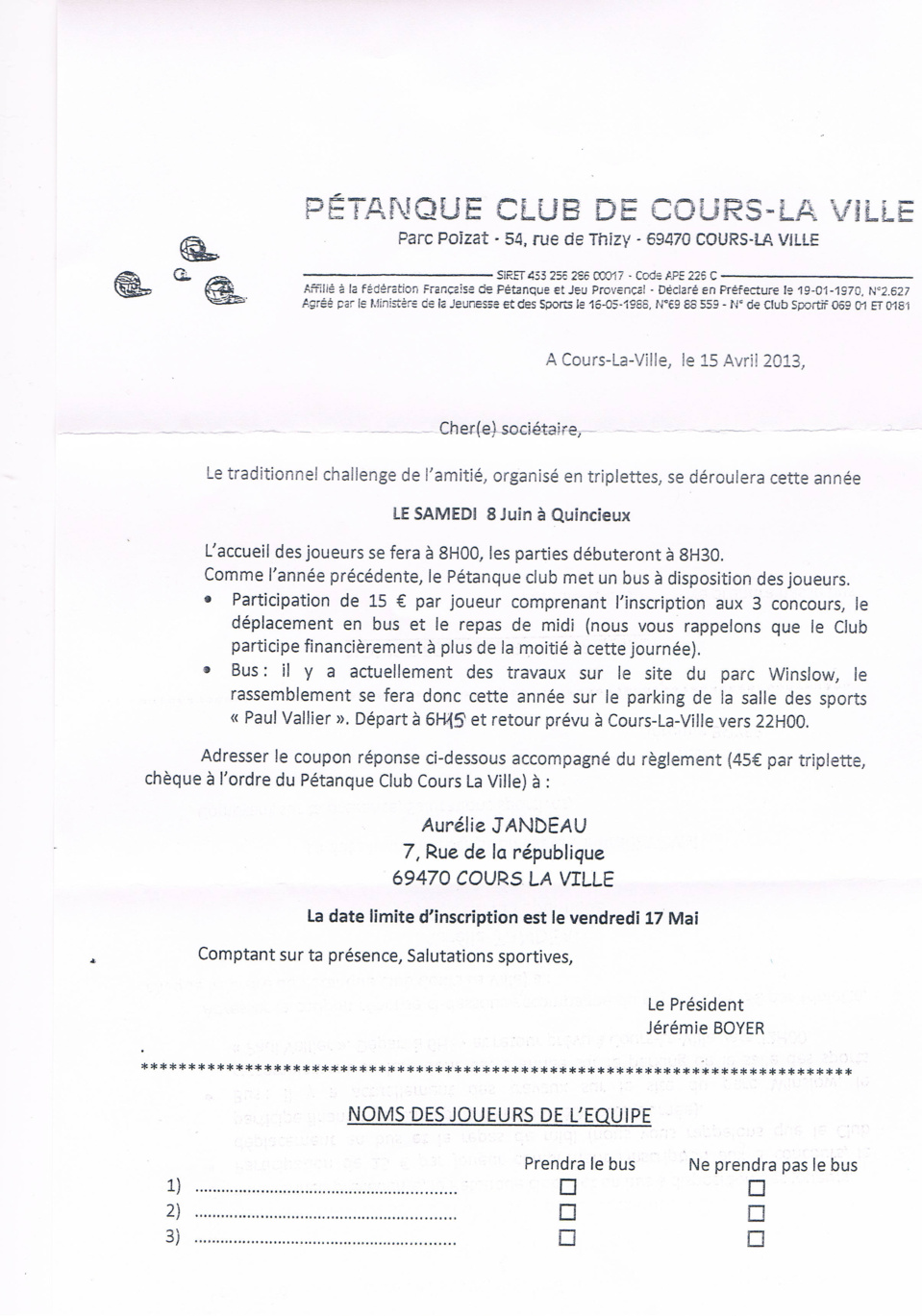 Feuille d'inscription pour le challenge de l’amitié le samedi 8 Juin 2013 à Quincieux
