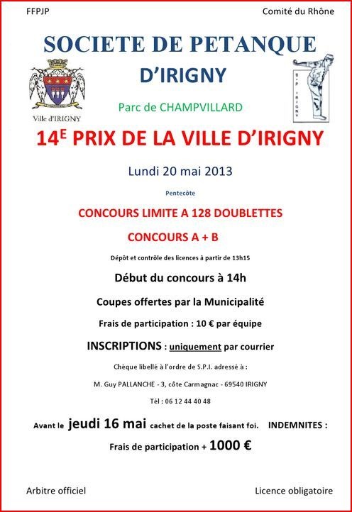 Concours Prix de la Ville d'IRIGNY (Lundi 20 mai - Pentecote) Concours Prix de la Ville d'IRIGNY (Lundi 20 mai - Pentecote)
