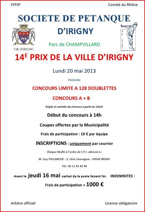 Concours Prix de la Ville d'IRIGNY (Lundi 20 mai - Pentecote)