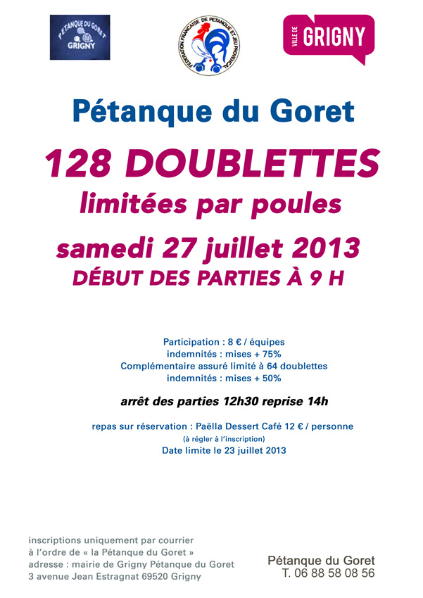 Concours du samedi 27 juillet en doublettes Grigny Concours du samedi 27 juillet en doublettes Grigny