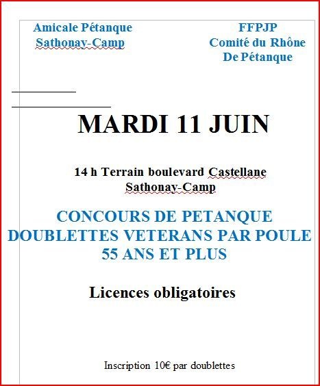 Concours doublettes vétérans à Sathonay mardi 11 juin Concours doublettes vétérans à Sathonay mardi 11 juin