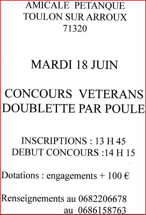 Concours vétérans mardi 18 juin Toulon sur Arroux 71320