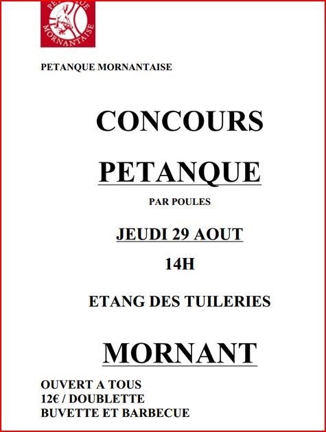 CONCOURS   PÉTANQUE JEUDI 29 AOUT ETANG DES TUILERIES    MORNANT