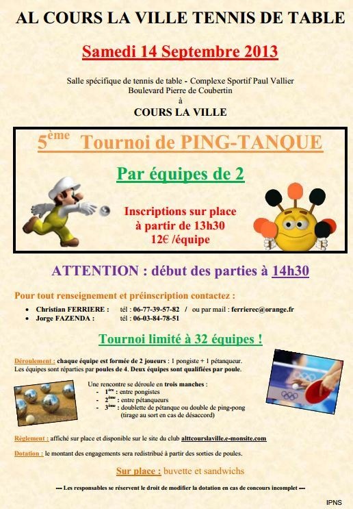 AL COURS LA VILLE TENNIS DE TABLE Samedi 14 Septembre 2013