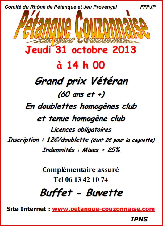 Grand prix vétéran jeudi 31 octobre 2013 Couzon Grand prix vétéran jeudi 31 octobre 2013 Couzon