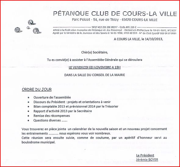 Assemblée générale du pétanque club de Cours-la-ville vendredi 8 novembre 2013 à 19h00