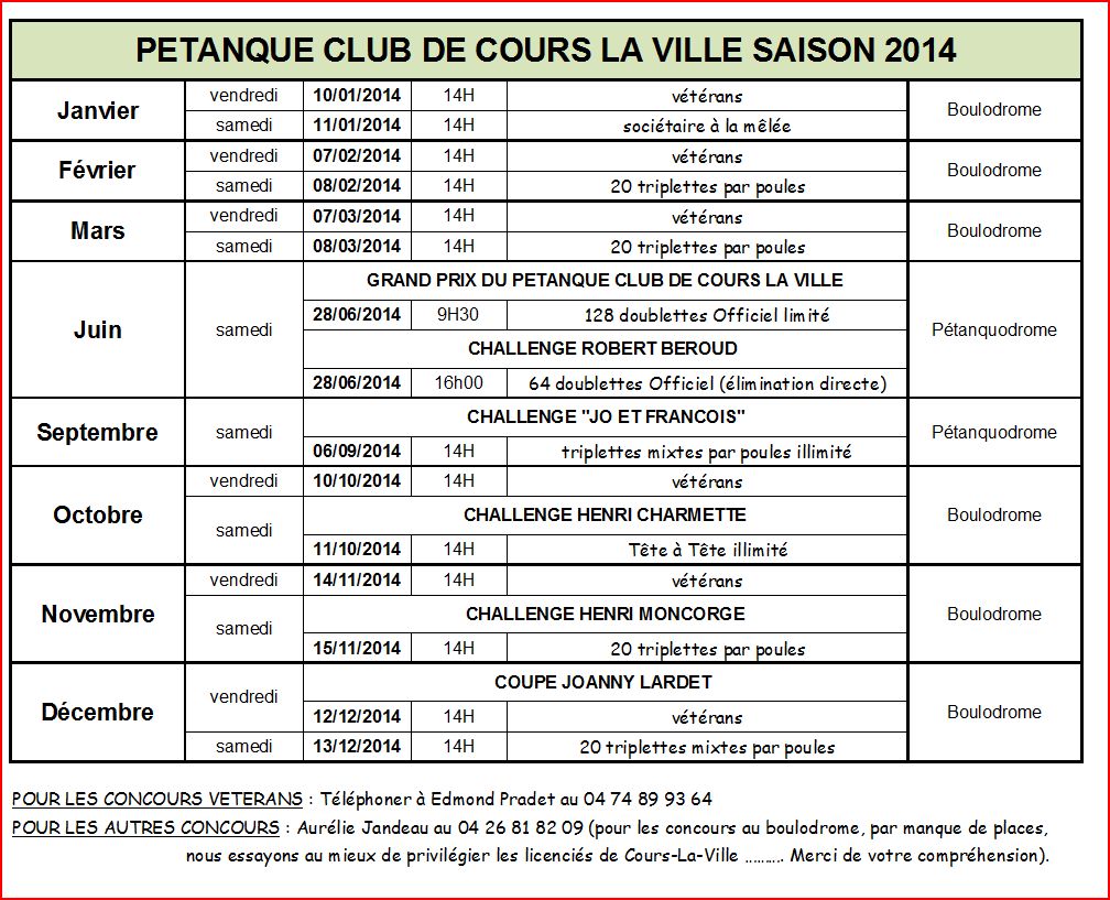 Calendrier saison 2014 au pétanque club de Cours-la-ville